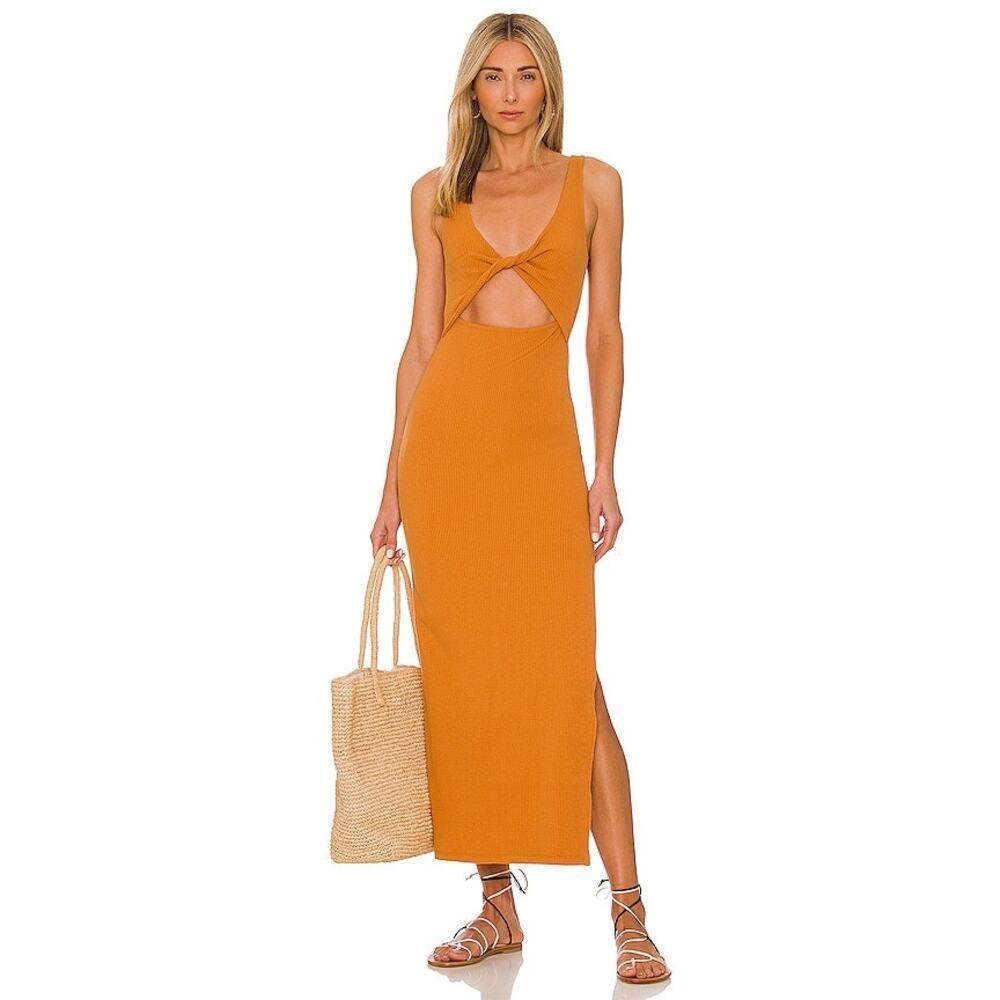 L*SPACE Ribbed Twist Front Nico Midi Dress Sleeveless Inka Gold Size M